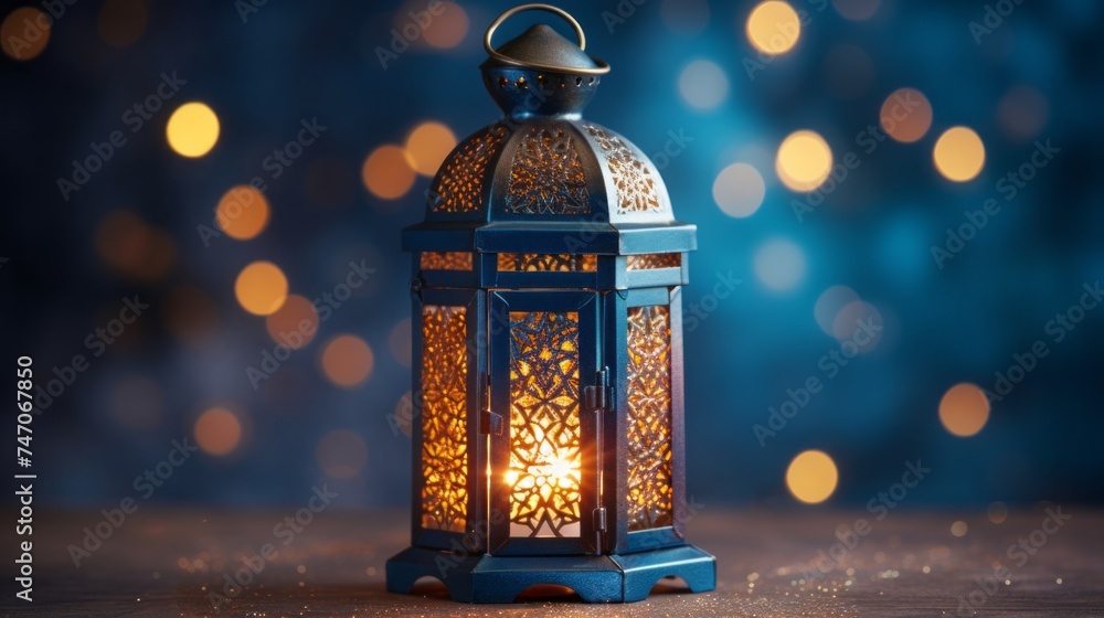 Decorative Arabic lantern with a burning candle, on a dark blue background with a bokeh, copy space. Holy month of Ramadan Kareem. Culture, Religion, Islam, Iftar, Muslim Holiday concepts. Decorative Arabic lantern with a burning candle, on a dark blue background with a bokeh, copy space. Holy month of Ramadan Kareem. Culture, Religion, Islam, Iftar, Muslim Holiday concepts.