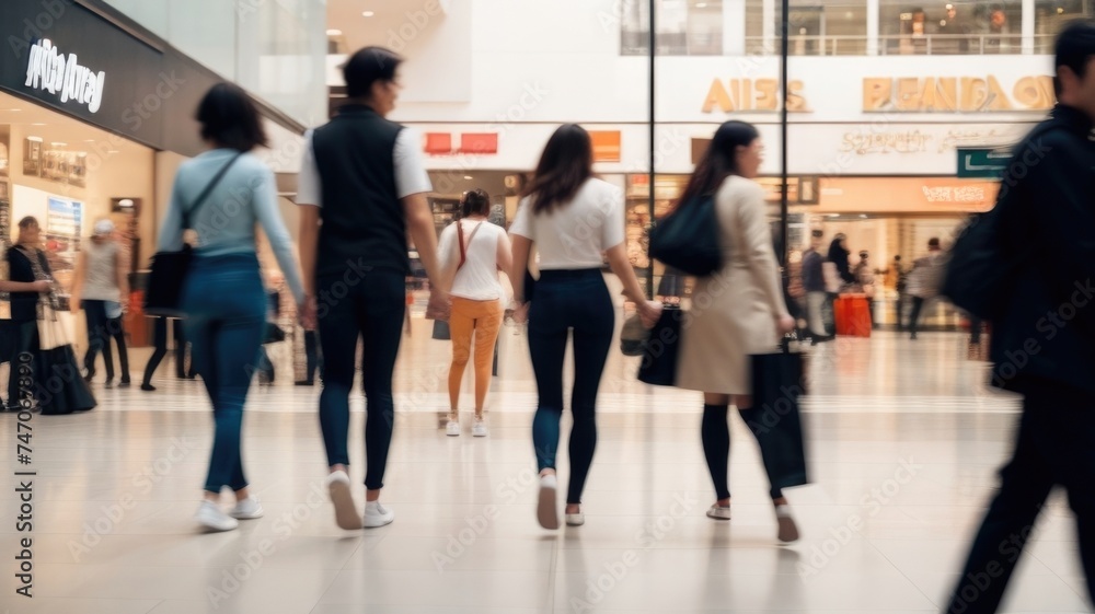 Defocused background of people walking in a modern shopping mall with some shoppers in motion blur