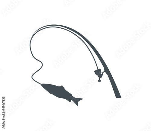Fishing and active hobby. Fishing spining rod with fishing line. Leisure. Оutdoor recreational. Simple black emblem, icon silhouette on white background. Vector illustration flat design. Isolated.