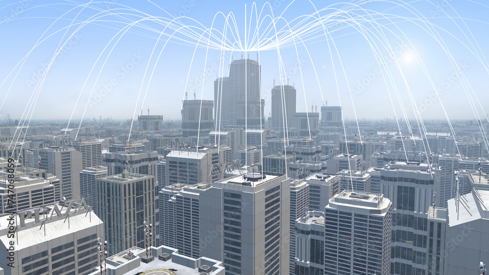 Fototapeta premium Smart City And Futuristic Communication Network. Big Data Forming An Arch Over Developed City. Futuristic Network And Technology Concept.