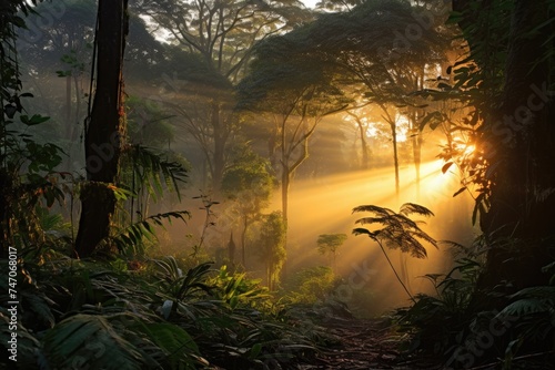 Beautiful misty sunrise in the rainforest