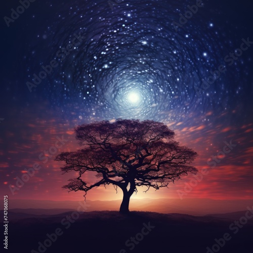 Lonely tree on the background of the night sky with stars