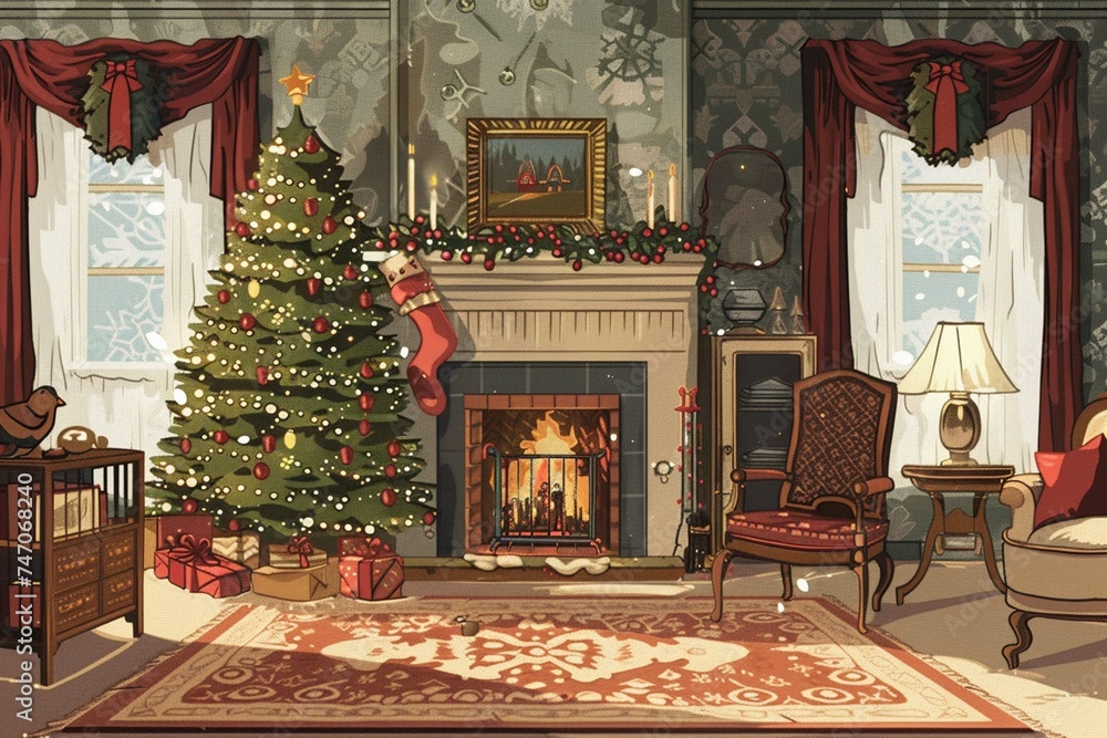 Living room home interior with decorated fireplace and Christmas tree, vintage style. Christmas Holidays. Christmas Card.