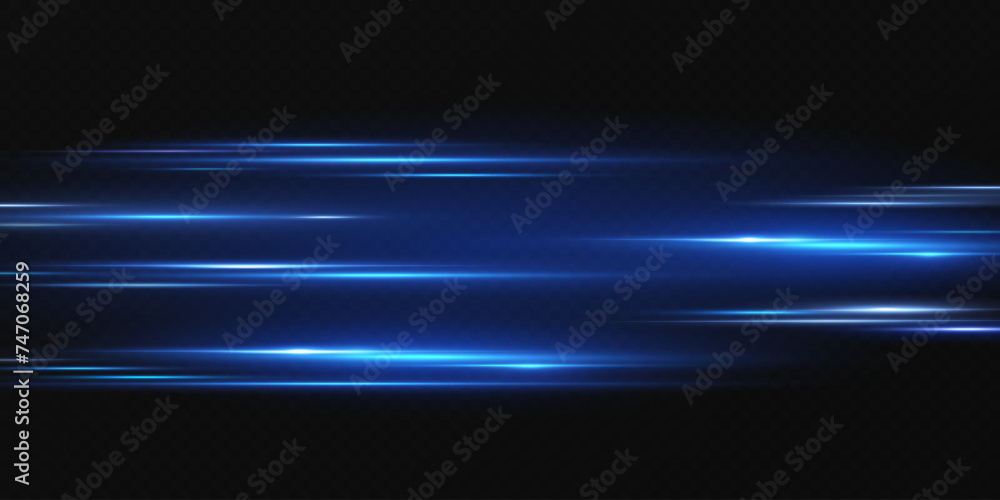 Neon lines moving light effect. Horizontal lines. Speed ​​effect on a transparent background. Lines of light, speed and movement