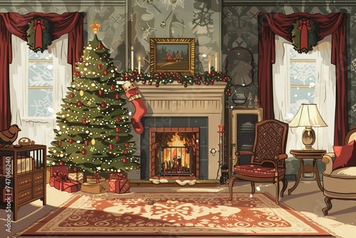 Living room home interior with decorated fireplace and Christmas tree, vintage style. Christmas Holidays. Christmas Card.