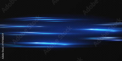 Neon lines moving light effect. Horizontal lines. Speed ​​effect on a transparent background. Lines of light, speed and movement