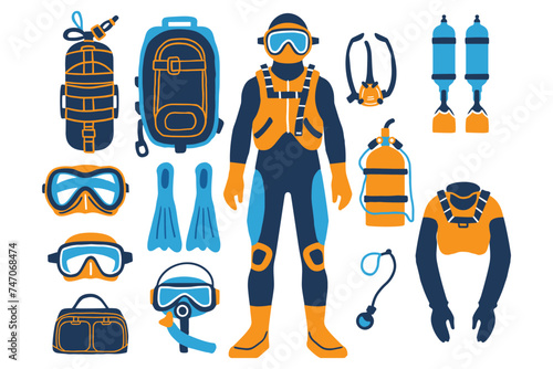 aquanaut object collection flat style isolated on background