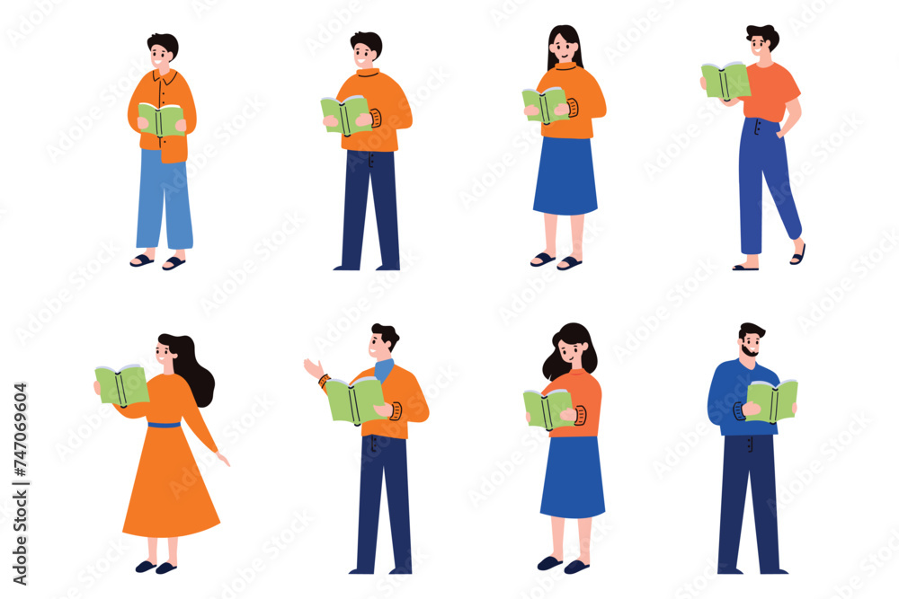people reading book collection flat style on background