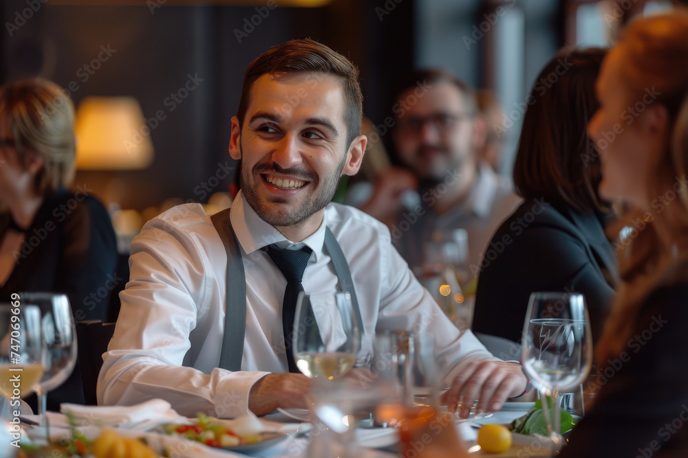 Cheerful coworkers bussiness talk and have fun during business lunch in restaurant