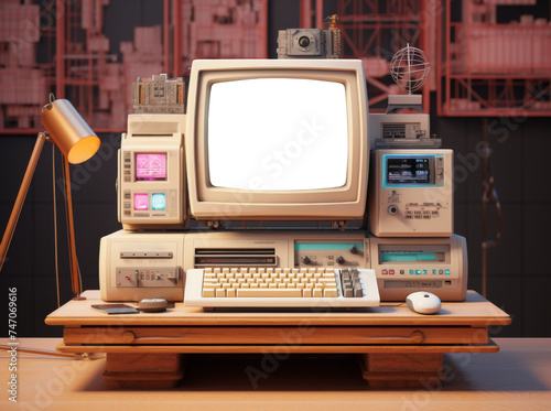 A retro computer with a transparent background in the monitor, PNG banner illustration. Post-processed generative AI 