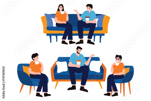 People sitting and talking on the couch collection flat style on background