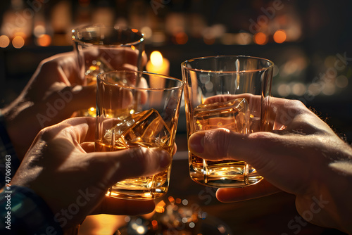 cheers glasses of whiskey in hands  for celebrating a friendly party or week ending in a bar or a restaurant.