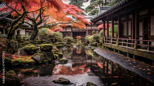 Majestic japanese garden with bonsai trees, koi ponds, and stone pathways for a serene landscape.