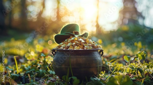 St Patrick's Day hat surrounded by a vibrant mix of nature elements, including flowers, plants, and garden items, creating a lively spring-themed scene