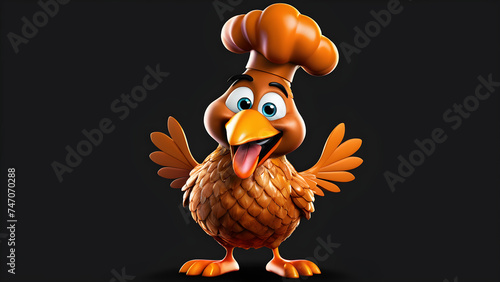 a cartoon character with a happy face and funny tandoori chicken on a black background. Tandoori chicken cartoon illustration. Restaurant food, prepared chicken isolated 