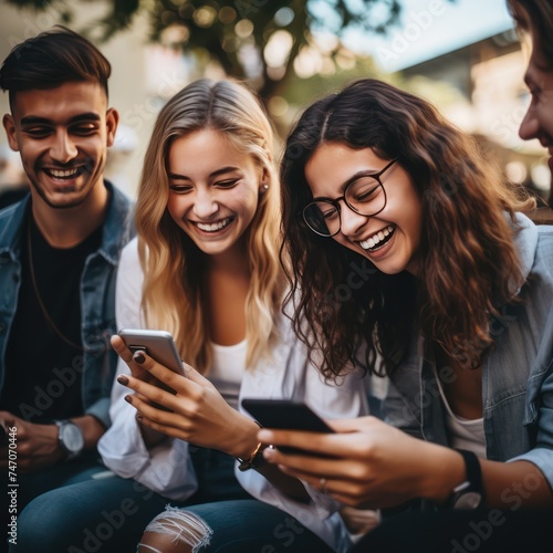 A Social media, technology and modern life concepts Group of young people using smart phones outdoors, happy friends with smartphones laughing together.
