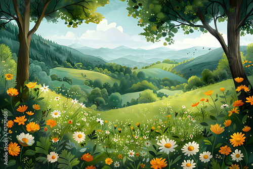 Spring Landscape Illustration. Children's Book Style Illustration