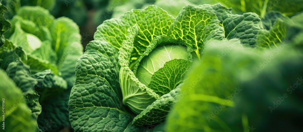 This close-up showcases the intricate details of a vibrant green Savoy cabbage leaf in an open vegetable field. The leaf appears fresh and healthy, featuring a unique texture and color. This close-up showcases the intricate details of a vibrant green Savoy cabbage leaf in an open vegetable field. The leaf appears fresh and healthy, featuring a unique texture and color.