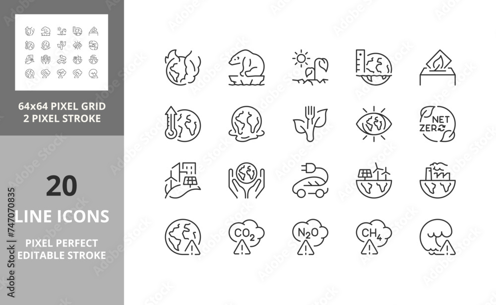 Line icons about global boiling. Editable vector stroke. 64 and 256 Pixel Perfect scalable to 128px...