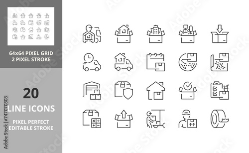Line icons about moving services. Editable vector stroke. 64 and 256 Pixel Perfect scalable to 128px...