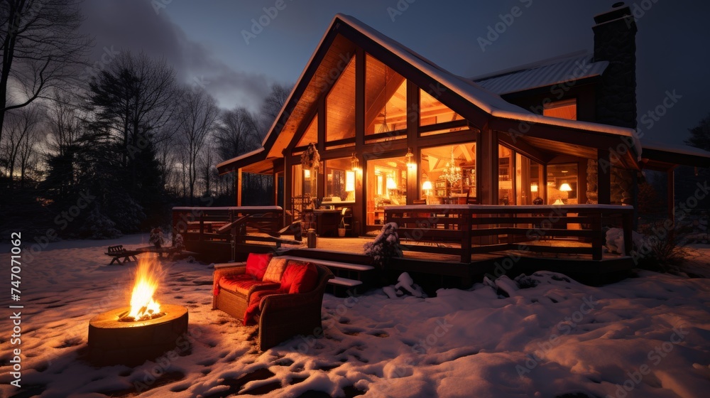 Scenic winter landscape with snow covered mountain cabin, chimney smoke, and cozy interior glow
