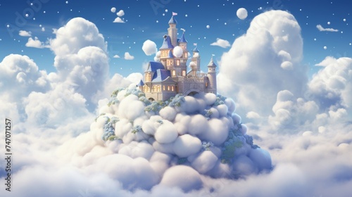 Enchanting fairy tale castle on lush hilltop with reaching turrets under fluffy clouds.