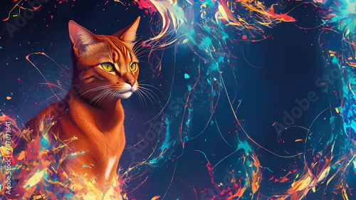An Abyssinian cat on a blue background with paint splashes