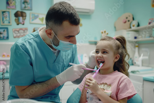 A dentist teaching little girl to brush teeth during appointment at dental clinic