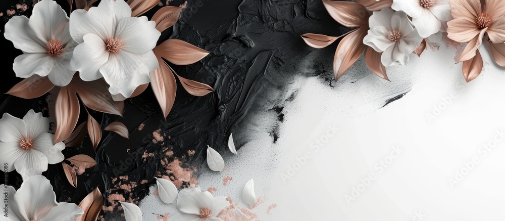 Φωτογραφία The black and white background is adorned with intricate flowers and leaves, showcasing the beauty of terrestrial plants