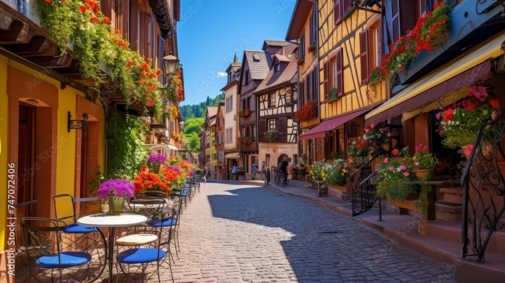 European village with cobblestone streets, half timbered buildings, and lively sidewalk cafes