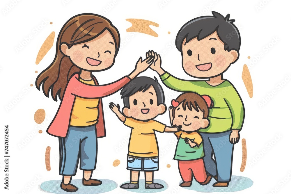 Cartoon cute doodles of parents giving high-fives and hugs to their kids for accomplishing something new, Generative AI Cartoon cute doodles of parents giving high-fives and hugs to their kids for accomplishing something new, Generative AI