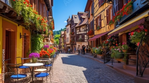 European village with cobblestone streets  half timbered buildings  and lively sidewalk cafes