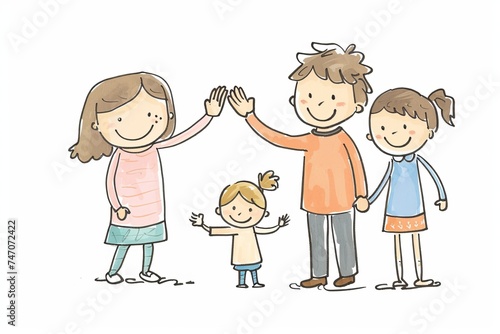 Cartoon cute doodles of parents giving high-fives and hugs to their kids for accomplishing something new, Generative AI