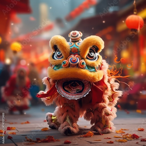 Chinese lion dance Community performance in China Lunar New Year celebration Chinese New Year, clear lion dance details, bokeh blur background © Phoophinyo