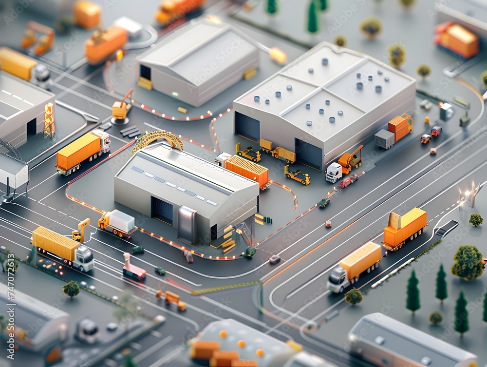 Industrial Warehouse with Trucks in a 3D Isometric Cityscape Industrial Warehouse with Trucks in a 3D Isometric Cityscape