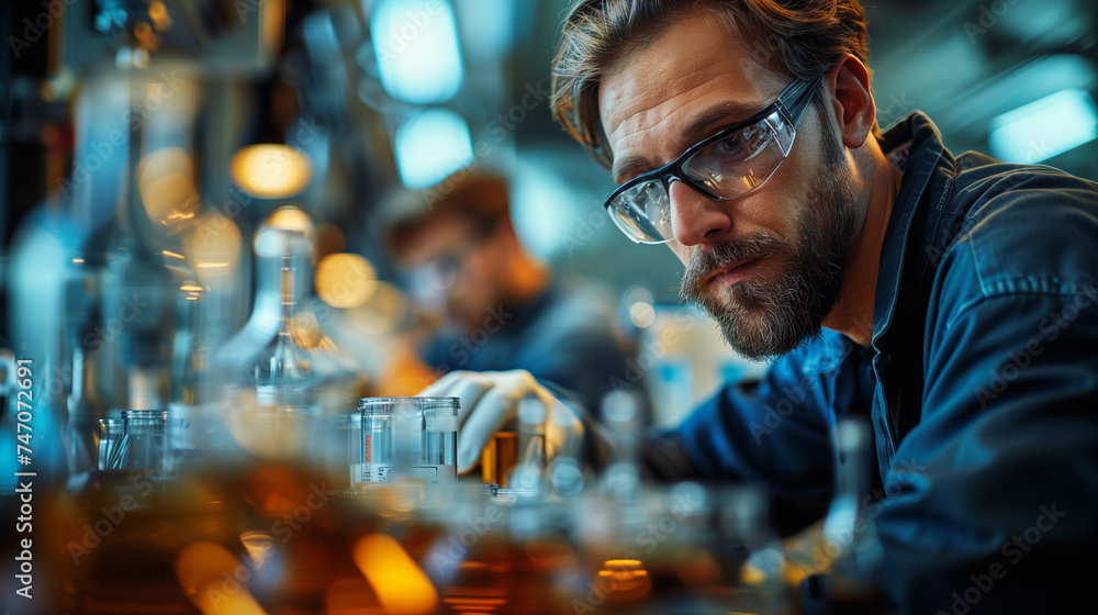 A dedicated male scientist with glasses closely examines Focused Scientist Analyzing Samples in Research Lab A dedicated male scientist with glasses closely examines Focused Scientist Analyzing Samples in Research Lab