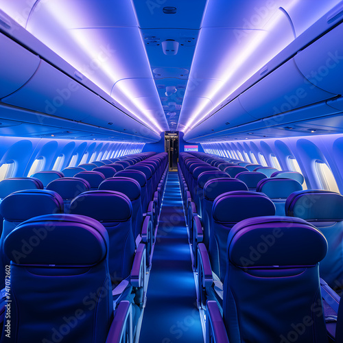 Serene Solitude: Longitudinal View of an Empty Commercial Airplane Cabin