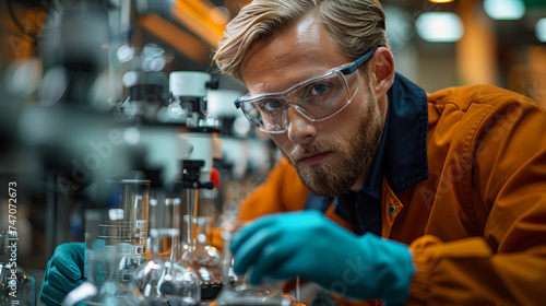 A dedicated male scientist with glasses closely examines Focused Scientist Analyzing Samples in Research Lab