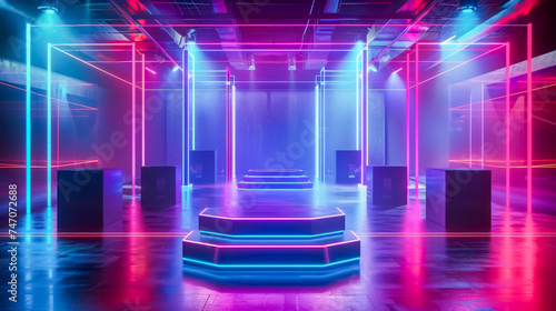 3D Podium showcase with neon-lit hallway featuring modern abstract art installations, exuding a futuristic cyberpunk aesthetic.