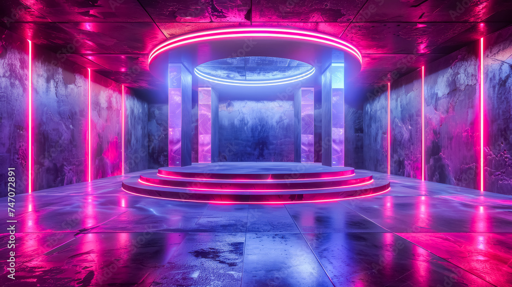 3D Podium showcase with neon-lit hallway featuring modern abstract art installations, exuding a futuristic cyberpunk aesthetic.