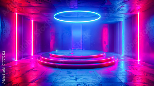 3D Podium showcase with neon-lit hallway featuring modern abstract art installations, exuding a futuristic cyberpunk aesthetic.