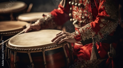 Close-up of an ancient Chinese man playing a large Chinese drum. Wear Chinese national costume A strong drummer committed to playing the big drum and the wooden drum.