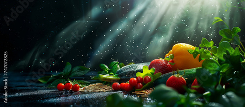 healthy vegetarian fresh vegetables and fruits concept background