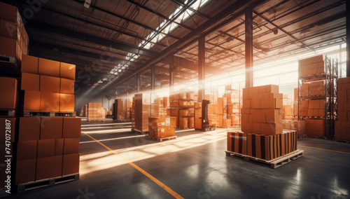 Conveyor belt full of boxes, parcels inside of a warehouse distribution center, Supply Chain in Motion: Boxes on a conveyor belt inside a well-illuminated warehouse setting. Online shopping delivery.
