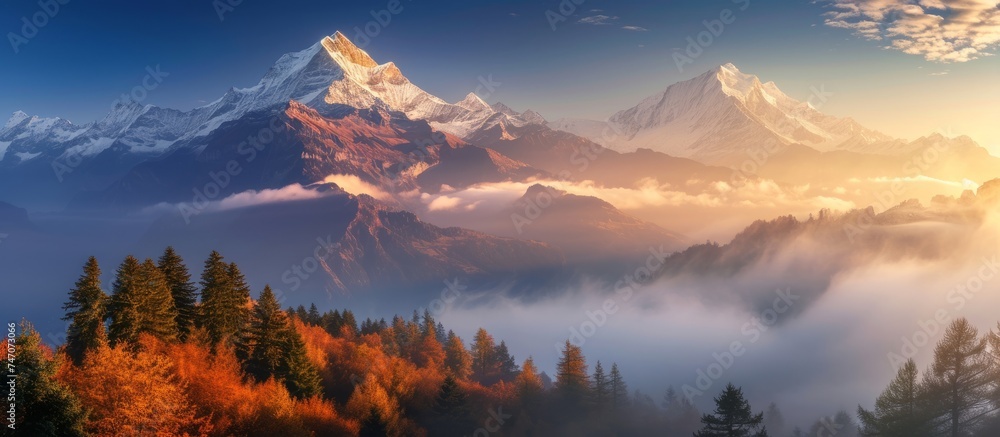 Serene Mountain Range Landscape with Lush Trees and Cloudy Sky