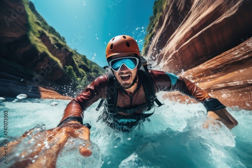 Canyoning extreme sport. canyoning expedition, popular trails, hard impressive spot. Travelling group exploring a wild untamed river canyon with energy, freedom and adrenaline photo