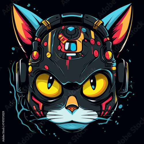 black background head of MAD graffiti cat wearing futuristic headphone front view. Generative Ai