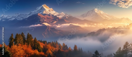 Serene Mountain Range Landscape with Lush Trees and Cloudy Sky © TheWaterMeloonProjec