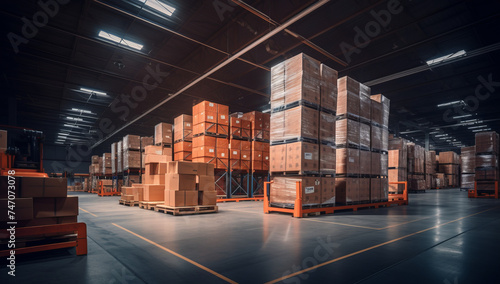 Conveyor belt full of boxes, parcels inside of a warehouse distribution center, Supply Chain in Motion: Boxes on a conveyor belt inside a well-illuminated warehouse setting. Online shopping delivery. © MD Media