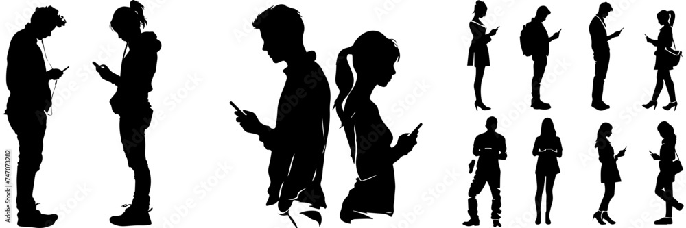 Portrait of happy smiling young woman with smartphone wearing black coat, round hat, sunglasses isolated on white background,black and white Portrait of happy smiling young woman with smartphone wearing black coat, round hat, sunglasses isolated on white background,black and white